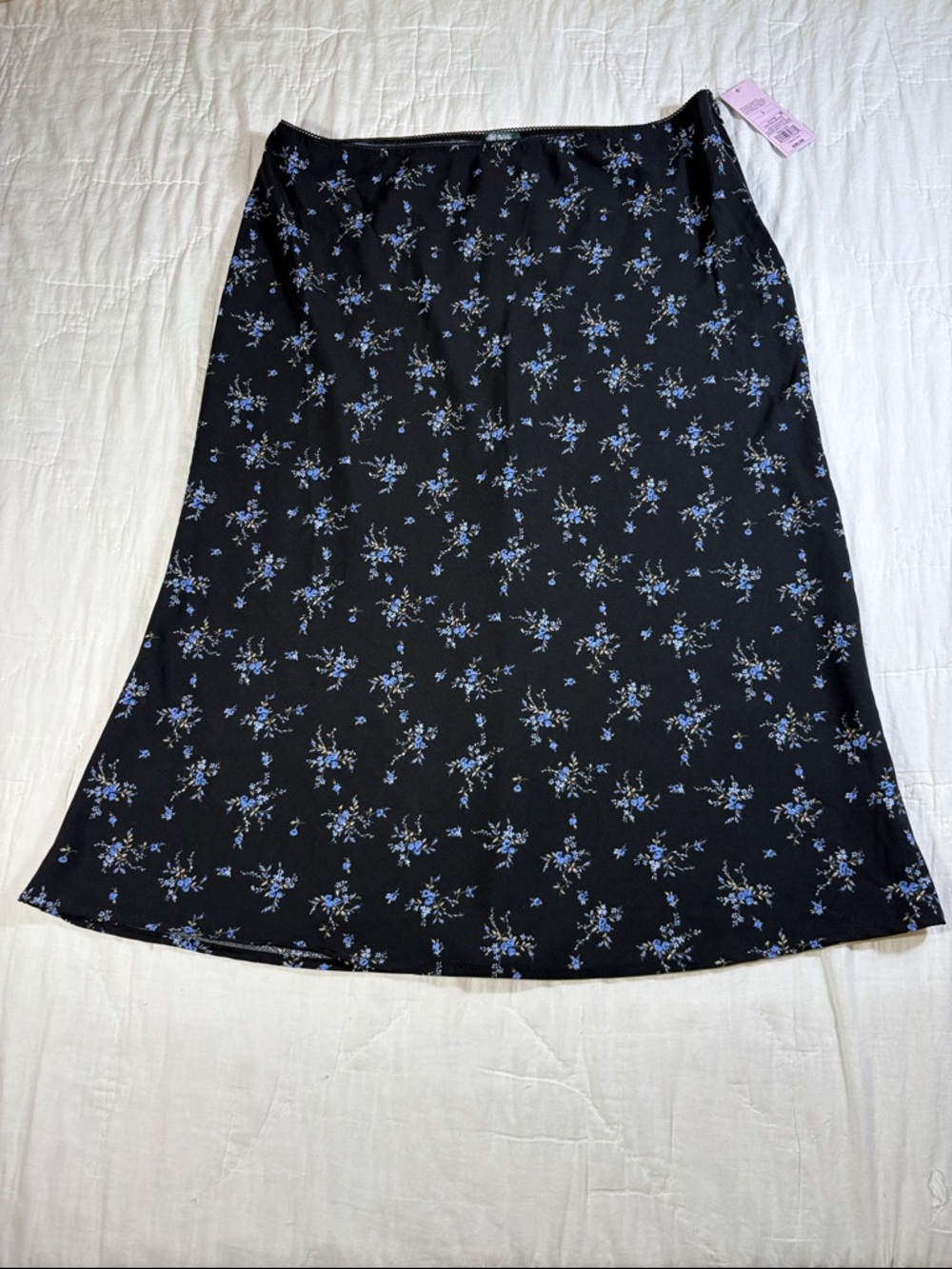 NWT 90s Boho Retro Black Floral Maxi Skirt Blue Ditsy Print - Size Large